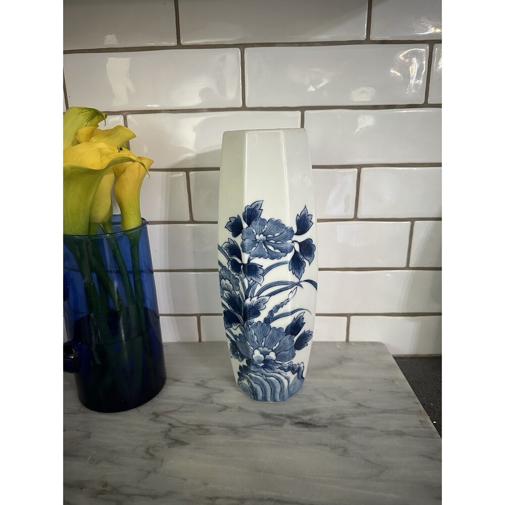 Vtg. Mid Century Asian White & Blue Porcelain Hexagonal Vase 11" Tall Signed